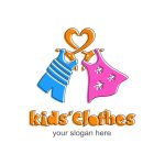 Logotype with orange heart, pink dress for girl, blue t-shirt and shorts for boy. Vector template.